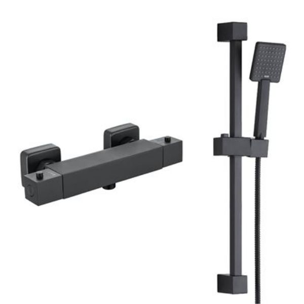 Picture of Thermostatic Square Shower Mixer Valve with Slider Rail Kit Matt Black