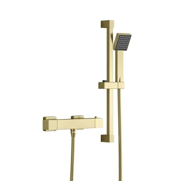 Picture of Thermostatic Square Shower Mixer Valve with Slider Rail Kit Brushed Brass